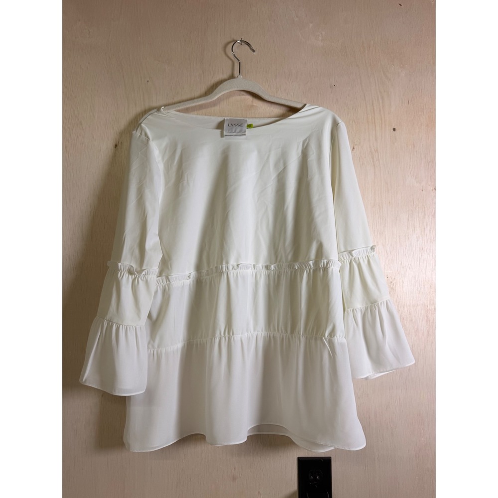 Lysseโ Tiered Ruffle Blouse Women XL White Excellent 3/4 Bell Sleeve Boat Neck